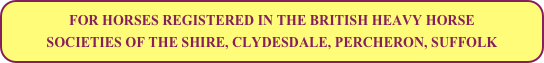 FOR HORSES REGISTERED IN THE BRITISH HEAVY HORSE
SOCIETIES OF THE sHIRE, CLYDESDALE, PERCHERON, SUFFOLk